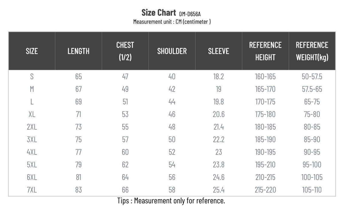 DM656A SIZE CHART DM656A SIZE CHART